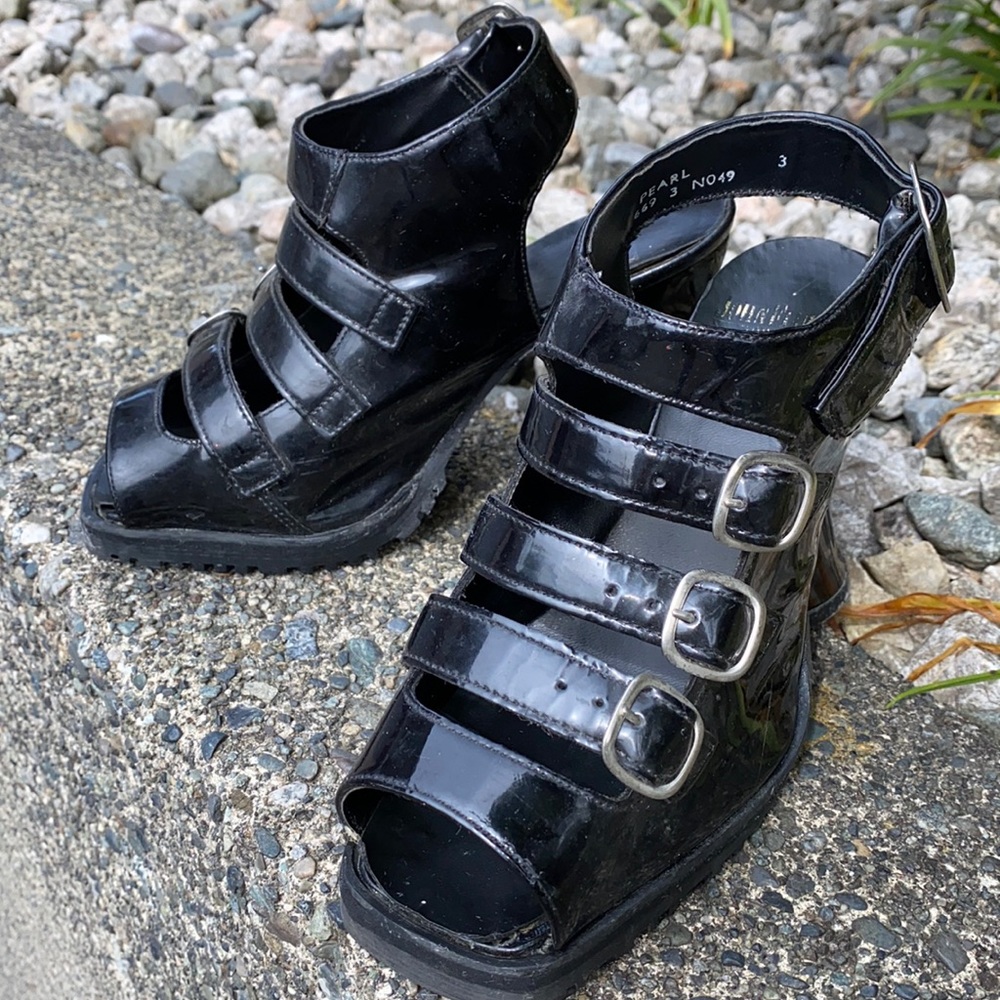 John Fluevog Electra patent leather high sandals